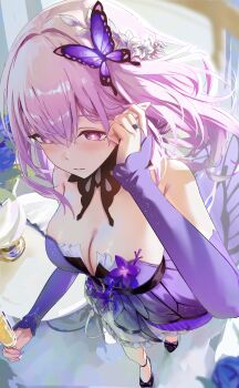 1girl absurdres bare_shoulders blush breasts butterfly_hair_ornament castorice_(gossamer_flutter)_(honkai:_star_rail) castorice_(honkai:_star_rail) cleavage commentary cup detached_sleeves dress drinking_glass fingernails from_above hair_between_eyes hair_ornament hand_up highres holding holding_cup honkai:_star_rail honkai_(series) large_breasts long_hair looking_ahead nail_polish official_alternate_costume parted_lips purple_dress purple_eyes purple_hair purple_nails purple_shoes shoes smile solo sprygon standing