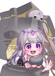 Rule 34 | 1girl, :d, absurdres, appleblossomtea, blush, cake, chibi, chibi only, colored inner hair, commentary, detached sleeves, dress, english commentary, food, food on face, gradient hair, grey hair, headpiece, highres, hololive, hololive english, koseki bijou, koseki bijou (1st costume), long hair, looking at object, moai, multicolored hair, open mouth, pebble (koseki bijou), pink hair, purple eyes, purple hair, single detached sleeve, smile, strapless, strapless dress, very long hair, virtual youtuber, white dress