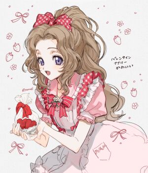 1girl apron bag bow brown_hair candy chocolate chocolate_heart code_geass dress dress_bow food frilled_apron frills hair_bow heart heart-shaped_food highres holding holding_bag long_hair nunnally_vi_britannia open_mouth parted_bangs pink_dress ponytail puffy_short_sleeves puffy_sleeves purple_eyes red_bow short_sleeves sidelocks smile solo twitter_username upper_body valentine wavy_hair white_apron yorusl