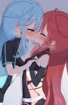 Rule 34 | 2girls, bemani, blue hair, blush, braid, closed eyes, commentary request, commission, copyright request, french kiss, highres, hinabita, holding hands, kiss, long hair, multiple girls, paid reward available, red hair, shinonome kokona, shinonome natsuhi, skeb commission, waon (43ctw), yuri
