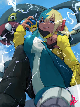 1girl absurdres blonde_hair blue_eyes blue_hair blue_nails blue_pants blue_sky breasts canari_(pokemon) commentary_request dark_skin eelektross electricity from_below gen_5_pokemon hair_between_eyes highres holding holding_poke_ball hylran0427 jacket looking_at_viewer mask mouth_mask multicolored_hair nintendo outdoors pants poke_ball pokemon pokemon_(creature) pokemon_legends:_z-a sitting sky smile twintails ultra_ball yellow_jacket