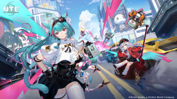 3girls absurdres animal_ear_fluff animal_ears aqua_hair black_gloves black_hat black_skirt black_unitard blue_eyes blue_sky breasts cardigan cat_ears cat_girl cat_tail cloud colored_eyelashes company_name copyright_logo copyright_name day english_text gloves grey_hair hat highres holding holding_road_sign horns kiroumaru_(nte) large_breasts logo looking_at_viewer mint_(nte) multicolored_hair multiple_girls nanally_(nte) neverness_to_everness official_art open_mouth pink_eyes pink_streaks red_cardigan road_sign sakiri_(nte) sign single_horn skirt sky sleeve_belt smile streaked_hair tail taygedo_(nte) thighhighs tiered_skirt tiger_girl white_thighhighs