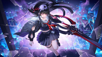 1girl absurdres arm_cutout black_choker black_hair black_jacket black_serafuku black_shirt black_skirt breasts broken_glass chinese_commentary chisa_(wuthering_waves) choker closed_mouth clothing_cutout commentary_request crop_top glass hair_ribbon highres holding holding_sword holding_weapon jacket long_hair long_sleeves looking_at_viewer medium_breasts neckerchief red_eyes red_neckerchief red_ribbon ribbon sailor_collar school_uniform serafuku shirt skirt solo sword tacet_mark_(wuthering_waves) thigh_strap thighs weapon white_sailor_collar wuthering_waves yingzi_hu_yu_kong