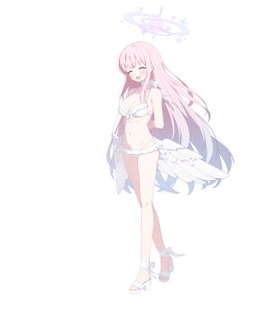 1girl absurdres angel_wings bikini blue_archive breasts cleavage facing_viewer feathered_wings frilled_bikini frills full_body gradient_hair halo highres large_breasts long_hair low_wings mika_(blue_archive) mika_(swimsuit)_(blue_archive) multicolored_hair official_alternate_costume official_art open_mouth pink_hair pink_halo smile solo standing swimsuit tachi-e transparent_background very_long_hair white_bikini white_wings wings