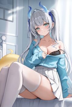 1girl absurdres alternate_costume aqua_eyes azur_lane bare_shoulders black_bra blue_shirt bra breasts cleavage closed_mouth grey_hair grey_shirt highres hini_ni indoors long_hair long_sleeves looking_at_viewer manjuu_(azur_lane) partially_unbuttoned shirt single_off_shoulder sitting smile suffren_(azur_lane) thighhighs twintails underwear very_long_hair white_thighhighs