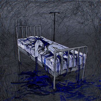 1other ambiguous_gender bed blood blue_blood commentary death english_commentary exploded_head full_body hand_on_own_stomach headless highres hospital_bed iv_stand lying on_back original pants pool_of_blood revol4357 severed_hand shirt solo striped_clothes striped_pants striped_shirt