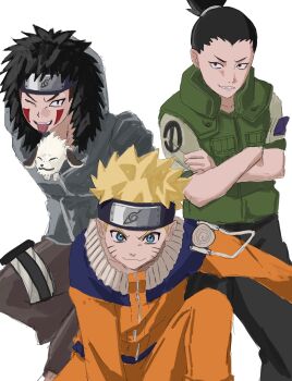 3boys akamaru_(naruto) black_hair black_headband black_pants blonde_hair blue_eyes brown_pants closed_mouth crossed_arms dog facial_mark flak_jacket fur-trimmed_jacket fur_trim green_vest grey_jacket grin headband highres hood hood_up hooded_jacket inuzuka_kiba jacket jumpsuit konohagakure_symbol male_focus multiple_boys nara_shikamaru naruto_(series) one_eye_closed orange_jumpsuit orange_pants pants parted_lips ponytail sketch smile tongue tongue_out utxtu_oo1013 uzumaki_naruto vest whisker_markings white_background