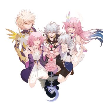 2girls 4boys ;) absurdres ahoge aqua_hair bare_shoulders black_hood blonde_hair breasts ceremonial_blade_(honkai:_star_rail) chinese_commentary coat commentary_request cyrene_(aedes_elysiae)_(honkai:_star_rail) cyrene_(honkai:_star_rail) cyrene_(ripples_of_past_reverie)_(honkai:_star_rail) diamond-shaped_pupils diamond_(shape) dress dual_persona flame_reaver_of_the_deepest_dark flower gradient_hair grey_shirt hair_flower hair_ornament highres honkai:_star_rail honkai_(series) jewelry long_hair mem_(honkai:_star_rail) multicolored_hair multiple_boys multiple_girls multiple_persona necklace one_eye_closed phainon_(a_dream_scented_in_wheat)_(honkai:_star_rail) phainon_(honkai:_star_rail) phainon_(khaslana)_(honkai:_star_rail) pink_hair purple_eyes shirt short_hair simple_background small_breasts smile symbol-shaped_pupils two-tone_hair very_long_hair weiming92628 white_background white_coat white_dress white_hair yellow_eyes