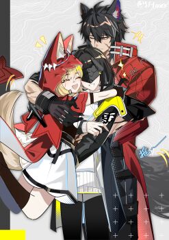 1boy 1girl 2girls absurdres animal_ear_fluff animal_ears arknights arknights:_endfield black_gloves black_hair black_jacket black_pants blonde_hair blush chinese_commentary closed_eyes coat commentary_request dress endministrator_(arknights) eye_mask female_endministrator_(arknights) gloves group_hug haodehaode_meiwenti highres hood hood_up hug hug_from_behind jacket mask multiple_girls one_eye_closed open_mouth pants red_jacket rossi_(arknights) scar shirt short_hair smile tail tail_wagging twitter_username white_dress wolf_boy wolf_ears wolf_girl wolf_tail wulfgard_(arknights)