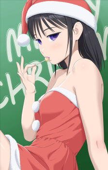 1girl absurdres bare_arms bare_shoulders black_hair breasts candy cleavage commentary_request dress empty_eyes english_text food food_in_mouth fur-trimmed_dress fur-trimmed_headwear fur_trim green_background hand_up hat highres holding holding_candy holding_food holding_lollipop ichikawa_masahiro lollipop lollipop_in_mouth long_hair looking_at_viewer medium_breasts merry_christmas mima_sachi pom_pom_(clothes) purple_eyes red_dress red_hat santa_costume santa_dress santa_hat sidelocks simple_background solo strapless strapless_dress text_background watashi_ga_motenai_no_wa_dou_kangaetemo_omaera_ga_warui!