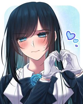 Rule 34 | 1girl, ado (utaite), black bow, black bowtie, black hair, blue eyes, blue hair, blush, bow, bowtie, chando (ado), closed mouth, colored inner hair, commentary, gloves, heart, heart hands, highres, long hair, long sleeves, mole, mole under eye, multicolored hair, shoko (gs music11), solo, sweatdrop, symbol-only commentary, white gloves
