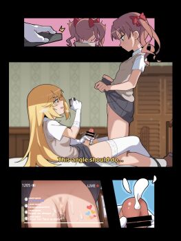 +_+ 1futa 1girl bar_censor bed blonde_hair bow brown_eyes brown_hair camera cellphone censored clothes_lift controller cum cum_on_body cum_on_pussy ejaculation elbow_gloves english_text erection female_pubic_hair futa_with_female futanari girl_on_top gloves gluteal_fold hair_bow heart highres holding holding_phone hypnosis indoors lifting_own_clothes livestream long_hair lying masturbation medium_hair mind_control multiple_views no_panties on_back open_mouth penis phone presenting pubic_hair pussy recording remote_control school_uniform shirai_kuroko shokuhou_misaki skirt skirt_hold skirt_lift sleepy_frippy smartphone spider_web_print subtitled sweater_vest symbol-shaped_pupils toaru_kagaku_no_railgun toaru_majutsu_no_index tokiwadai_school_uniform twintails upskirt v-neck white_gloves yellow_eyes