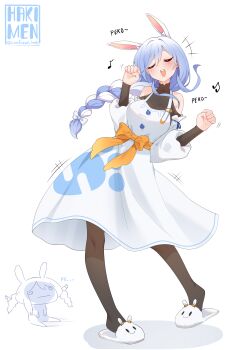 2girls absurdres animal_ears artist_logo artist_name bare_shoulders black_leotard black_pantyhose blue_hair braid breasts carrot_print clenched_hands closed_eyes clothing_cutout commentary dancing dress english_commentary food_print hakimen highres hololive large_breasts leotard logo long_hair mature_female mother_and_daughter multicolored_hair multiple_girls music open_mouth pantyhose pekomama print_dress rabbit_ears rabbit_girl shoulder_cutout signature simple_background singing twitter_username two-tone_hair usada_pekora virtual_youtuber white_background white_dress white_hair