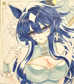 1girl absurdres animal_ears blue_dress blue_eyes blue_hair bow breasts china_dress chinese_clothes cleavage cleavage_cutout clothing_cutout dress ear_covers hair_between_eyes hair_bow hair_ornament highres horse_ears horse_girl large_breasts long_hair looking_at_viewer mole mole_under_eye multicolored_hair parted_lips photo_(medium) photoshop_(medium) setsuna_rio single_ear_cover sleeveless sleeveless_dress smile solo traditional_media umamusume upper_body verxina_(umamusume)
