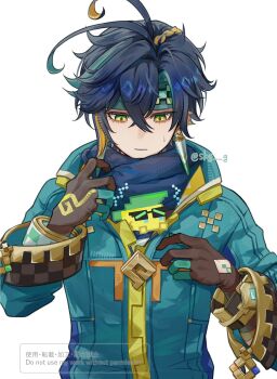 Rule 34 | 1boy, ajaw (genshin impact), aqua jacket, black hair, brown gloves, closed mouth, commentary request, earrings, genshin impact, gloves, green eyes, green hair, green headband, hair between eyes, headband, highres, jacket, jewelry, kinich (genshin impact), long sleeves, male focus, multicolored hair, short hair, skg g, solo