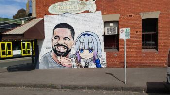 1boy 1girl 2018 age_difference artist_name aubrey_drake_graham beard blue_eyes blue_hair drake_(musician) facial_hair graffiti kanna_kamui kobayashi-san_chi_no_maidragon loli lushsux melbourne photo_(medium) size_difference smile