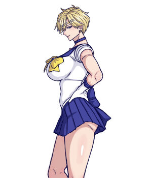 1girl bishoujo_senshi_sailor_moon blonde_hair blue_eyes breasts choker earrings gloves hand_on_own_hip highres jewelry kongari_tofu large_breasts ribbon sailor_uranus shirt short_sleeves skirt tiara