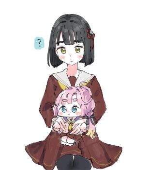 2girls :t ? ahoge anyoji_hime black_hair black_pantyhose blonde_hair blue_eyes blunt_bangs blunt_ends blush_stickers bob_cut brown_dress chibi closed_mouth colored_speech_bubble commentary dress gradient_hair green_eyes hasu_no_sora_school_uniform hood hooded_jacket jacket jealous link!_like!_love_live! long_sleeves looking_at_another love_live! medium_dress moso_(expect66) multi-tied_hair multicolored_hair multiple_girls neckerchief open_clothes open_jacket pantyhose parted_lips pink_hair pink_jacket pleated_dress ponytail pout sailor_collar sailor_dress school_uniform short_hair sitting sitting_on_lap sitting_on_person speech_bubble spoken_question_mark virtual_youtuber white_sailor_collar winter_uniform yellow_neckerchief