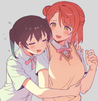 Rule 34 | 2girls, black hair, blush, breasts, closed eyes, collared shirt, commentary request, curled fingers, drooling, facing another, gradient hair, green hair, grey background, hair between eyes, hair bun, hair ornament, hairclip, hand on another's shoulder, hand on another's waist, hand up, hug, hug from behind, leaning on person, looking at another, love live!, love live! nijigasaki high school idol club, medium hair, meobbab2, multicolored hair, multiple girls, neck ribbon, nijigasaki school uniform, open mouth, parted bangs, pink ribbon, red hair, ribbon, school uniform, shirt, short sleeves, sidelighting, sidelocks, simple background, single side bun, squeans, summer uniform, sweater vest, takasaki yu, twintails, two-tone hair, uehara ayumu, upper body, white shirt, yellow eyes, yellow sweater vest, yuri