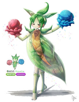 1girl absurdres boxing_gloves character_name closed_eyes dress endifi full_body gen_3_pokemon green_hair highres nintendo parted_bangs personification pokedex_number pokemon roselia_(pokemon) see-through_clothes solo standing white_background