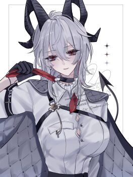 1girl adjusting_clothes adjusting_necktie black_choker black_gloves black_horns black_jacket black_tail breasts button_gap chest_harness choker closed_mouth collared_shirt curled_horns demon_tail gloves grey_hair hair_between_eyes harness highres horns jacket jacket_on_shoulders large_breasts long_hair looking_at_viewer multicolored_hair necktie nukoxx_02 red_eyes shirt solo streaked_hair tail undone_necktie upper_body white_shirt wuthering_waves zani_(wuthering_waves)