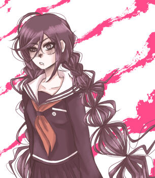 1girl axolotl-anne blush braid breast_pocket collarbone collared_shirt commentary danganronpa:_trigger_happy_havoc danganronpa_(series) english_commentary eyelashes fukawa_toko glasses hair_between_eyes long_hair long_sleeves messy_hair mole mole_under_mouth neckerchief pale_skin pocket purple_eyes purple_hair purple_serafuku purple_skirt red_neckerchief round_eyewear sailor_collar school_uniform serafuku shirt skirt skirt_set solo twin_braids twintails very_long_hair white_background white_sailor_collar