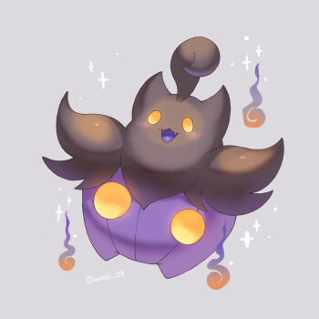 alternate_color artist_name commentary_request fangs fire gen_6_pokemon grey_background highres iwasi_29 nintendo no_humans open_mouth pokemon pokemon_(creature) pumpkaboo shiny_pokemon simple_background sparkle twitter_username yellow_eyes