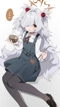 ... 1girl absurdres black_pantyhose black_shoes blue_archive blush brown_eyes brown_halo brown_ribbon buttoned_cuffs buttons chinese_commentary collared_shirt commentary diagonal-striped_ribbon double-breasted dress eyes_visible_through_hair flask foot_out_of_frame gradient_background grey_dress grey_hair hair_ornament hair_over_one_eye halo highres holding holding_flask holding_ladle kanoe_(blue_archive) knees_together_feet_apart ladle loafers long_hair long_sleeves looking_at_viewer neck_ribbon nervous_smile open_mouth pantyhose pinafore_dress puffy_long_sleeves puffy_sleeves ribbon round-bottom_flask scar scar_on_neck shaded_face shadow shirt shoes sitting sleeveless sleeveless_dress smile solo speech_bubble spoken_ellipsis striped_ribbon sweatdrop teketi two_side_up very_long_hair white_background white_shirt