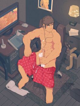 Rule 34 | 1boy, abs, anal, boxers, cameo, caught, coffee, cum, cum in ass, cum on body, dildo, double dildo, earbuds, earphones, ejaculation, male focus, male penetrated, male underwear, masturbation, multiple boys, muscular, penis, pornography, sex toy, shadow, toilet paper, underwear, vibrator, walk-in, yaoi