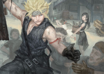 3girls 4boys apron arm_up bare_shoulders belt_buckle black_apron black_gloves black_hair black_pants black_shirt black_shorts black_vest blonde_hair blue_butterfly blue_eyes box breasts buckle bug building butterfly cloud_strife collarbone commentary dirty dirty_face english_commentary fenrir_(vehicle) final_fantasy final_fantasy_vii final_fantasy_vii:_advent_children gloves hammer headband highres holding holding_box holding_hammer house insect large_breasts long_hair looking_at_another marlene_wallace mouth_hold multiple_boys multiple_girls outdoors pants red_ribbon repairing ribbon shirt short_hair shorts sleeveless sleeveless_shirt spiked_hair tifa_lockhart twitter_username vest waist_apron zoewingsz