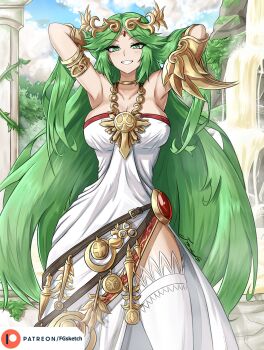 1girl arms_up bare_shoulders breasts cleavage dress female_focus fgsketch greek_clothes green_eyes green_hair highres hotsprings jewelry kid_icarus kid_icarus_uprising laurel_crown long_hair looking_at_viewer medium_breasts nintendo palutena parted_bangs pendant pendant_choker smile strapless strapless_dress thighhighs very_long_hair white_dress