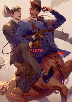 2026 2boys absurdres beard blue_eyes blue_jacket brown_gloves brown_hair brown_suit centaur chest_harness chinese_zodiac cigarette commentary_request dated facial_hair fedora formal_clothes gloves happy_new_year harness hat highres horseback_riding jacket looking_at_another male_focus monster_boy multiple_boys new_year orange_background original rearing riding saddle short_hair smoking suit taur ueno_kishi very_short_hair year_of_the_horse