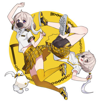 Rule 34 | 2girls, blonde hair, breasts, commentary request, eyepatch, looking at viewer, mask, medium hair, mouth mask, multiple girls, navel, nyoro (nyoronyoro000), original, pleated skirt, shirt, shirt overhang, shoes, short sleeves, shorts, shorts under skirt, shotel, siblings, skindentation, skirt, small breasts, sneakers, stomach, sword, thighhighs, twins, weapon, white shirt, yellow thighhighs, zettai ryouiki