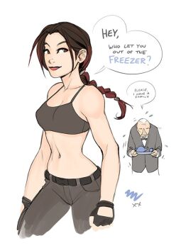 1boy 1girl bare_shoulders belt black_belt black_gloves braid braided_ponytail breasts brown_eyes brown_hair butler closed_mouth collarbone cropped_legs english_text fingerless_gloves flying_sweatdrops gloves holding lara_croft large_breasts navel old old_man smile speech_bubble stomach tomb_raider vashperado winston_jeeves