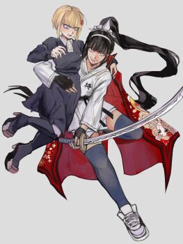 2girls absurdres anaizzzen black_boots black_dress black_gloves black_hair black_thighhighs blonde_hair blue_eyes boots bright_pupils cape carrying carrying_person commentary dougi dress english_commentary fingerless_gloves gem_hair_ornament gloves grey_background grin hair_ornament hairband highres holding holding_sword holding_weapon katana leg_up long_hair looking_ahead looking_at_another magadori_kyoshika martial_arts_belt multiple_girls oosuzuki_kurara ponytail red_cape short_hair simple_background smile sword teeth the_hundred_line_-last_defense_academy- thighhighs upper_teeth_only upturned_eyes weapon white_hairband white_pupils