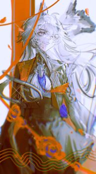 1girl absurdres animal_ear_fluff animal_ears arknights black_jacket black_skirt blood blood_on_face blue_eyes blue_necktie commentary_request grin highres jacket lappland_(arknights) long_hair looking_to_the_side necktie open_clothes open_jacket sakiyo shirt skirt smile solo white_hair white_shirt wolf_ears wolf_girl