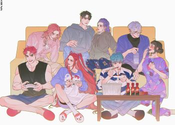 3girls 5boys abby_(kpop_demon_hunters) absurdres aqua_hair baby_(kpop_demon_hunters) black_hair black_tank_top blush braid braided_ponytail commentary_request controller double_bun eating eye_contact game_controller hair_bun highres holding holding_controller holding_game_controller hood hoodie jinu_(kpop_demon_hunters) korean_commentary kpop_demon_hunters long_hair looking_at_another mira_(kpop_demon_hunters) multiple_boys multiple_girls mystery_(kpop_demon_hunters) pink_hair purple_hair romance_(kpop_demon_hunters) rumi_(kpop_demon_hunters) sidelocks sitting springirls_xx sweatdrop tank_top twintails zoey_(kpop_demon_hunters)