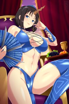 1girl black_hair blue_eyes blue_thighhighs blurry blurry_background breasts commentary cosplay curvy dragon_girl dragon_horns elma_(maidragon) english_commentary food fruit grapes hand_fan highres holding holding_fan holding_food horns kitana kitana_(cosplay) kobayashi-san_chi_no_maidragon large_breasts lindaroze looking_at_viewer medium_hair mortal_kombat_(2011) mortal_kombat_(series) navel pelvic_curtain sitting solo stomach thighhighs thighs tongue tongue_out wide_hips