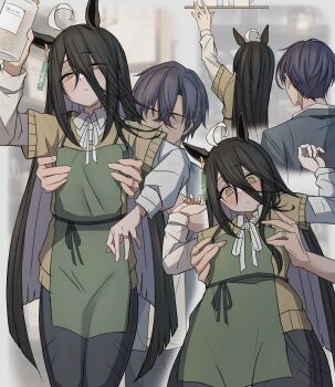 Rule 34 | 1boy, 1girl, :<, absurdres, ahoge, apron, arm up, arms up, bare shoulders, barista, black hair, black pants, blush, collared shirt, ear tag, earrings, green apron, grey hair, grey jacket, half-closed eyes, height difference, highres, holding, holding jar, husband and wife, jacket, jar, jewelry, layered sleeves, leogust, lifting person, long hair, long sleeves, looking at another, manhattan cafe (umamusume), multicolored hair, neck ribbon, no eyes, pants, reaching, ribbon, ring, shelf, shirt, short-sleeved sweater, short hair, short over long sleeves, short sleeves, single earring, sweater, textless version, torso grab, trainer (umamusume), umamusume, variant set, very long hair, white hair, white ribbon, white shirt, yellow eyes, yellow sweater