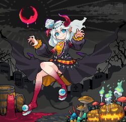 1girl animated bare_tree barrel blinking blue_eyes candle claw_pose cross demon_tail earrings eyeball fang fire floating fog graveyard halloween horns jack-o&#039;-lantern jewelry licking_lips long_hair looking_at_viewer moon mushroom night original outdoors pixel_art pointy_ears puffy_sleeves red_eyes red_moon shibairo skin_fang slime_(creature) stitched_arm stitched_leg stitches tail tombstone tongue tongue_out tree video white_hair wind wind_lift