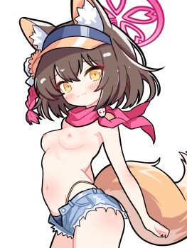 1girl animal_ear_fluff animal_ears bikini bikini_bottom_only bikini_bottom_under_shorts bikini_under_clothes blue_archive blue_bikini blue_shorts blush breasts brown_hair closed_mouth commentary cowboy_shot cutoffs denim denim_shorts fang fang_out fox_ears fox_girl fox_tail from_side halo highleg highleg_bikini highres izuna_(blue_archive) izuna_(swimsuit)_(blue_archive) looking_at_viewer navel nipples official_alternate_costume open_clothes open_shorts pink_halo pink_scarf scarf scarfy_(scarfy_chang) short_hair short_shorts shorts simple_background small_breasts solo swimsuit tail topless_female visor_cap white_background yellow_eyes