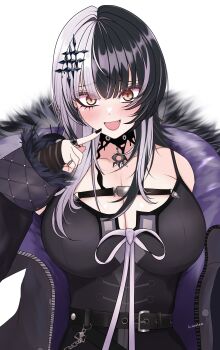 1girl absurdres belt black_belt black_choker black_coat black_dress black_hair black_nails blush breasts chest_belt choker coat commentary dress fang fur-trimmed_coat fur_trim furrowed_brow grey_hair hair_ornament hand_up highres hololive hololive_english jewelry kasutera_mikan large_breasts long_hair looking_at_viewer multicolored_hair multiple_rings nail_polish open_clothes open_coat open_mouth pendant_choker pointing pointing_at_self ring shiori_novella shiori_novella_(1st_costume) simple_background sleeveless sleeveless_dress smile solo sparkling_eyes split-color_hair two-tone_hair upper_body virtual_youtuber white_background yellow_eyes yorick_(shiori_novella)