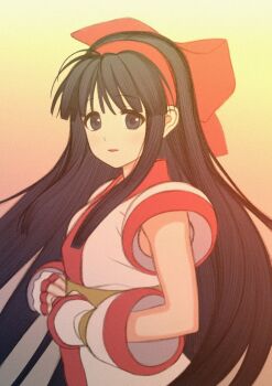 1girl ainu_clothes black_eyes black_hair breasts fingerless_gloves gloves hair_ribbon highres long_hair looking_at_viewer medium_breasts nakoruru parted_lips ribbon samurai_spirits smile snk solo the_king_of_fighters tongue very_long_hair