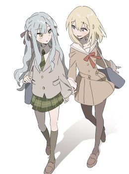 2girls bang_dream! bang_dream!_it&#039;s_mygo!!!!! black_pantyhose black_socks blonde_hair blue_hair blush brown_dress brown_shoes clothes_grab commentary diagonal-striped_clothes diagonal-striped_necktie dress full_body green_necktie green_skirt grey_jacket hair_between_eyes hand_up highres jacket kneehighs korean_commentary loafers long_hair misumi_uika mkun606 multiple_girls necktie open_mouth pantyhose purple_eyes sailor_collar sailor_dress shoes sidelocks simple_background skirt sleeve_grab socks striped_clothes togawa_sakiko white_background white_sailor_collar