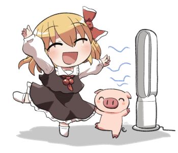 1girl :d ^_^ ascot black_skirt black_vest blonde_hair blush chibi chibi_only closed_eyes collared_shirt commentary_request electric_fan frilled_skirt frills full_body hair_ribbon long_sleeves no_shoes open_mouth outstretched_arms pig red_ascot red_ribbon ribbon rokugou_daisuke rumia shirt short_hair signature simple_background skirt skirt_set smile solo standing standing_on_one_leg touhou vest white_background white_shirt