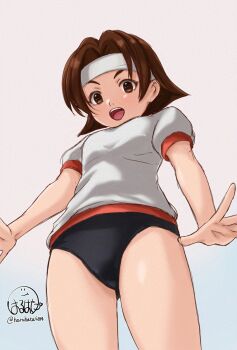 1girl adversarial_noise artist_logo artist_name black_buruma blue_background brown_eyes brown_hair buruma commentary_request cowboy_shot forehead from_below gradient_background grey_hairband hairband haruhata_mutsuki highres logo looking_at_viewer open_mouth original outstretched_arms pink_background puffy_short_sleeves puffy_sleeves shirt short_hair short_sleeves signature simple_background smile solo standing teeth thighs track_suit twitter_username upper_teeth_only white_shirt