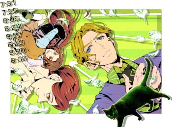 1girl 2boys bad_id bad_pixiv_id blonde_hair blue_eyes brown_hair cat formal_clothes jojo_no_kimyou_na_bouken kawajiri_hayato kawajiri_shinobu kira_yoshikage leaf multiple_boys necktie red_hair senbiki_(nonono69) suit time