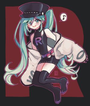 1girl absurdres aqua_eyes aqua_hair black_background black_boots black_hat black_leotard black_nails black_skirt boots full_body grin hat hatsune_miku highres jacket leotard long_hair looking_at_viewer milktuart musical_note nintendo off-shoulder_jacket off_shoulder poke_ball pokemon project_voltage simple_background skirt smile solo spoken_musical_note standing team_rocket team_rocket_uniform twintails vocaloid white_jacket