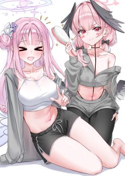 >:) >_< 2girls :d absurdres alternate_costume angel_wings barefoot black_bow black_choker black_pantyhose black_shorts black_wings blue_archive blunt_bangs blush blush_stickers bow breasts camisole choker collarbone commentary_request crop_top cropped_jacket curvy dolphin_shorts feathered_wings gradient_halo hair_bow hair_brush hair_bun hair_intakes halo hand_on_own_hip head_wings highres holding holding_brush holding_hair_brush jacket kneeling koharu_(blue_archive) large_breasts long_hair looking_at_viewer low_twintails low_wings midriff mika_(blue_archive) multicolored_halo multiple_girls navel no_bra no_headwear notice_lines off_shoulder open_clothes open_jacket open_mouth pantyhose pink_hair pink_halo pink_jacket red_eyes scrunchie shorts single_bare_shoulder single_side_bun sitting small_breasts smile smug sparkle thighs twintails v-shaped_eyebrows w wfa5051 white_background white_camisole white_wings wing_ornament wings yokozuwari