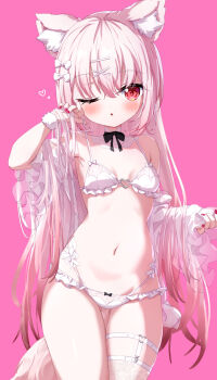 1girl ;o absurdres animal_ear_fluff animal_ears bare_shoulders blush bow bow_panties bra breasts commentary_request detached_sleeves frilled_sleeves frills gluteal_fold groin hair_between_eyes hair_bow hair_ornament hairclip hand_up heart heart_o-ring highres long_sleeves looking_at_viewer masaki_(msk064) nail_polish navel o-ring one_eye_closed original panties parted_lips pinching_sleeves pink_background pink_hair red_eyes red_nails simple_background skindentation sleeves_past_wrists small_breasts solo tail thigh_gap underwear underwear_only white_bow white_bra white_panties wide_sleeves x_hair_ornament